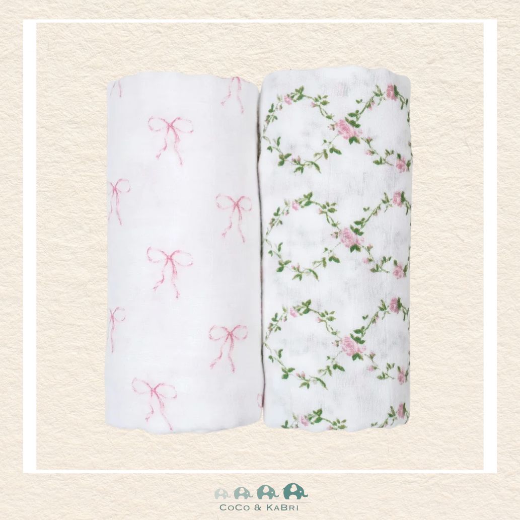 Lulujo 2-Pack Cotton Muslin Swaddle Blankets – Rose & Bows Trellis, CoCo & KaBri Children's Boutique, Brooks Alberta Canada