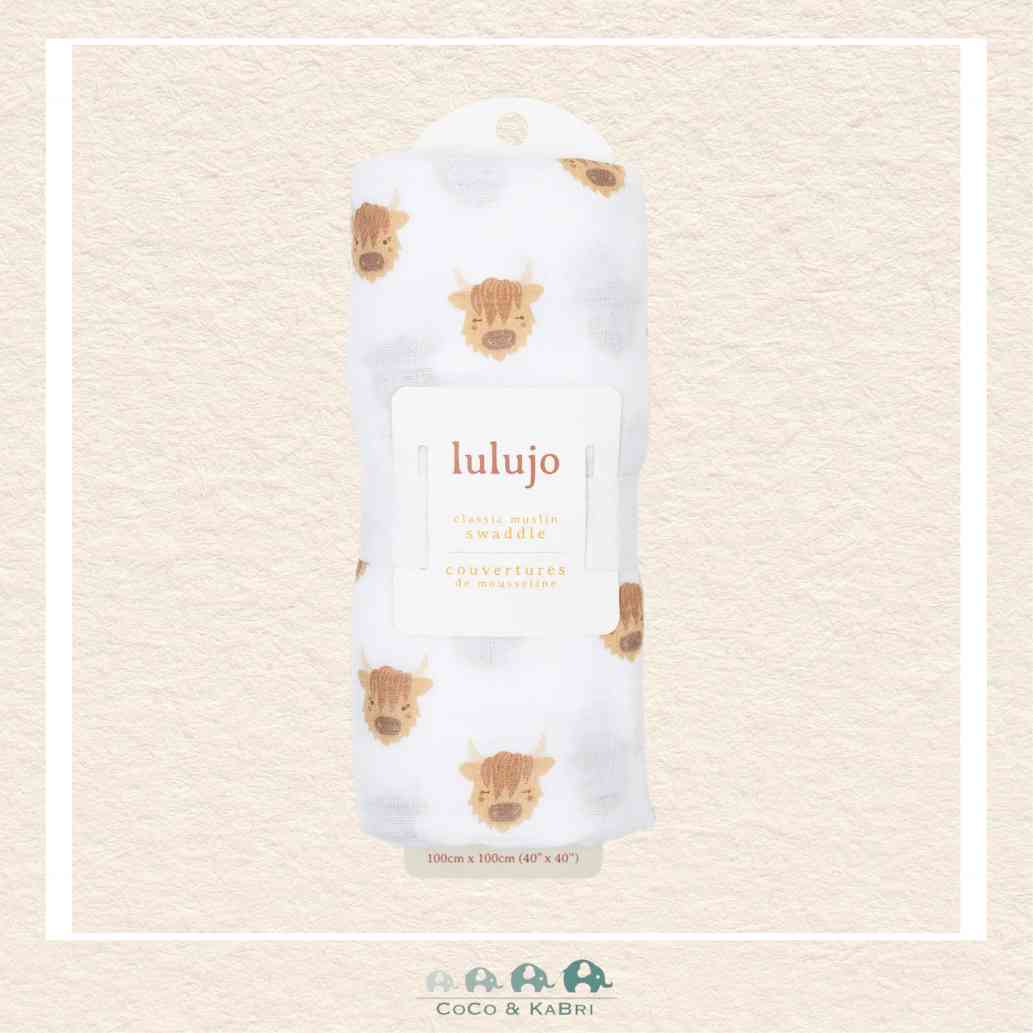 Lulujo: Cotton Muslin Swaddle Blanket - 40x40 - Highland Cow, CoCo & KaBri Children's Boutique, Brooks Alberta Canada