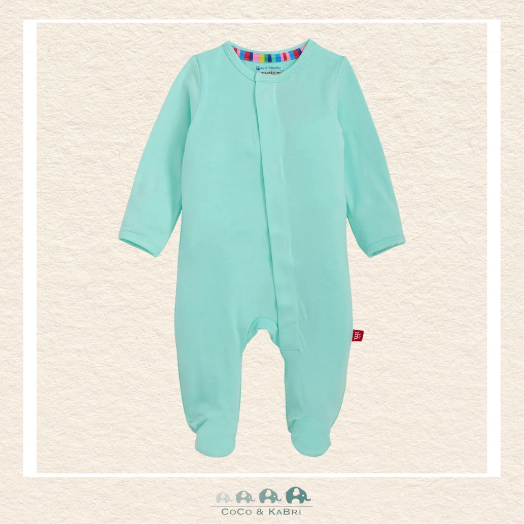 Magnetic Me Aloe baby footie in silky-soft modal fabric featuring hidden magnetic closures for effortless changes in a calming green boutique color | Canada