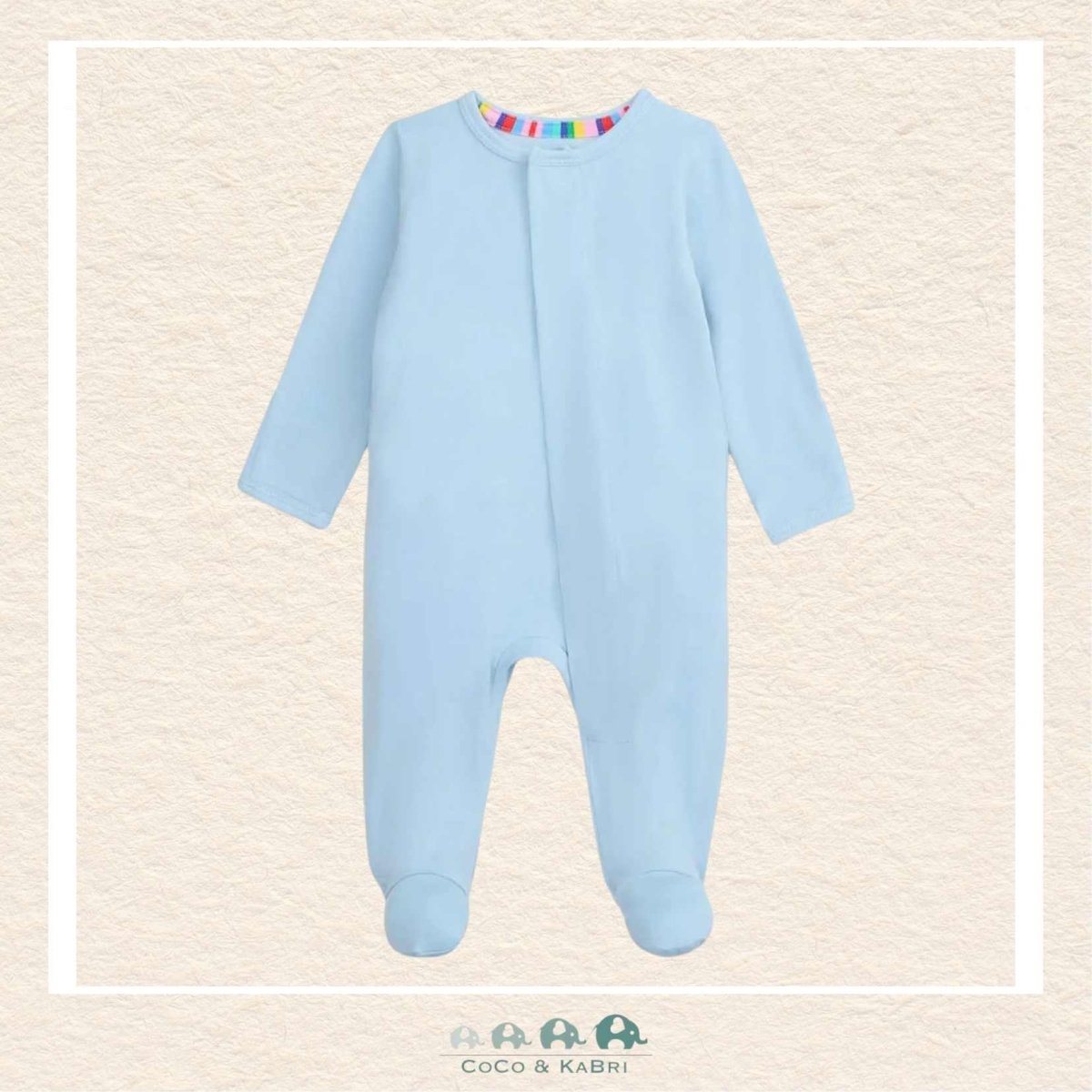 Front view of Magnetic Me baby blue footie featuring hidden SewSafe™ magnetic closures for quick and quiet diaper changes | Canada