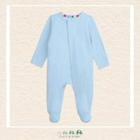 Front view of Magnetic Me baby blue footie featuring hidden SewSafe™ magnetic closures for quick and quiet diaper changes | Canada