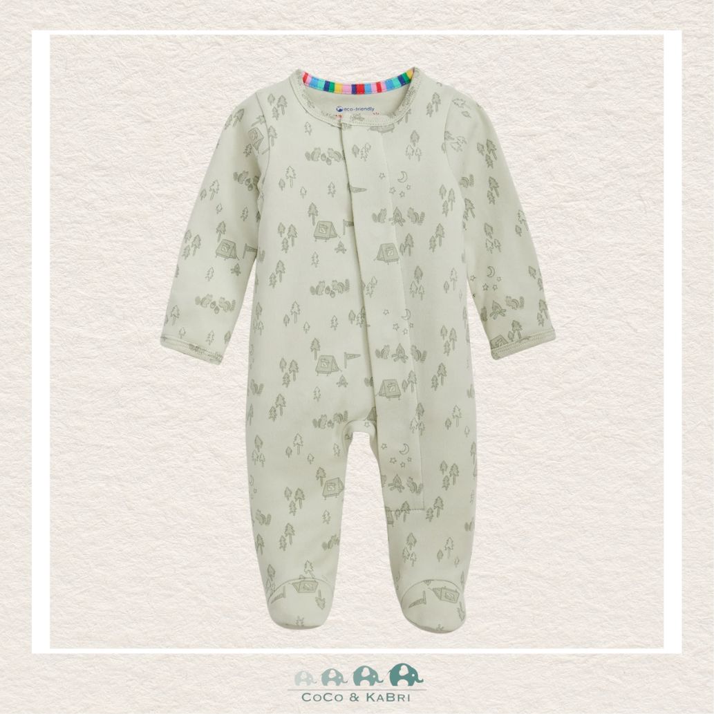 Magnetic Me Base Camp Buddies baby footie in GOTS certified organic cotton featuring hidden magnetic closures and a whimsical outdoor adventure boutique print | Canada