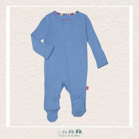 Magnetic Me Blue Skies baby footie in soft ribbed cotton fabric featuring hidden magnetic closures for easy changes and a serene light blue boutique color | Canada
