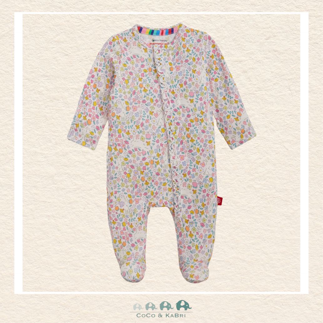 Magnetic Me Bunny Blossom baby girl ruffle footie in silky-soft modal fabric featuring hidden magnetic closures and delicate ruffle details with a floral bunny boutique print | Canada