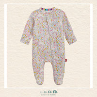 Magnetic Me Bunny Blossom baby girl ruffle footie in silky-soft modal fabric featuring hidden magnetic closures and delicate ruffle details with a floral bunny boutique print | Canada