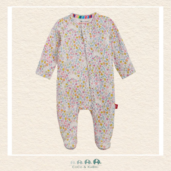 Magnetic Me Bunny Blossom baby girl ruffle footie in silky-soft modal fabric featuring hidden magnetic closures and delicate ruffle details with a floral bunny boutique print | Canada