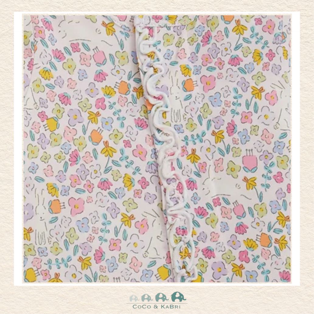 Close-up of Magnetic Me Bunny Blossom ruffle footie highlighting the hidden magnetic fastener technology and the intricate floral bunny boutique design | Canada