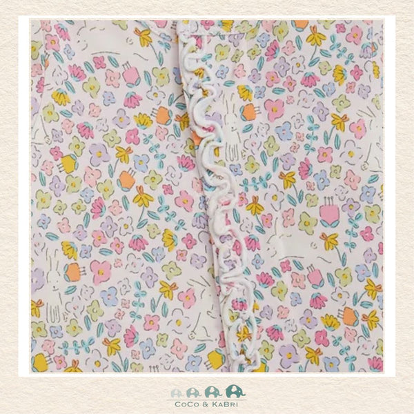 Close-up of Magnetic Me Bunny Blossom ruffle footie highlighting the hidden magnetic fastener technology and the intricate floral bunny boutique design | Canada