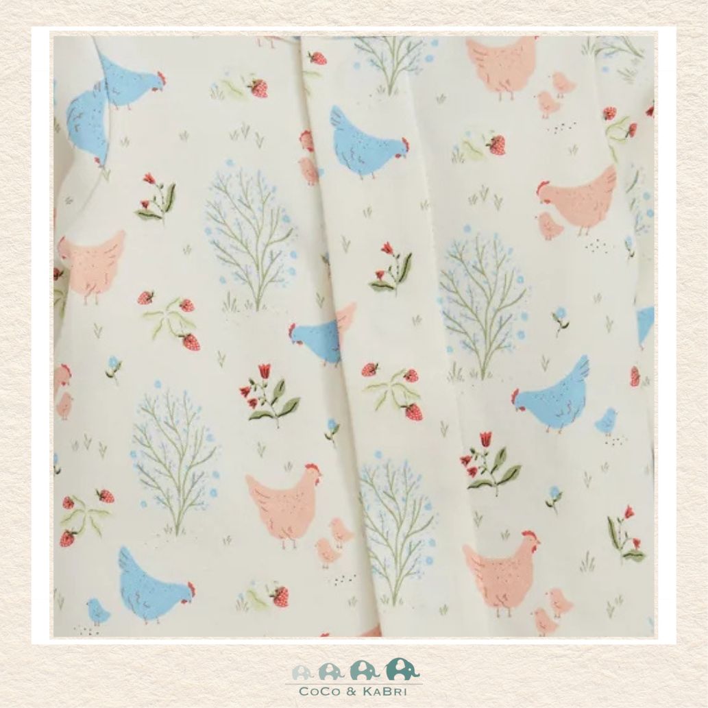 Close-up of Magnetic Me Chicken Tender organic cotton footie highlighting the hidden magnetic fastener technology and the soft, durable boutique fabric texture | Canada