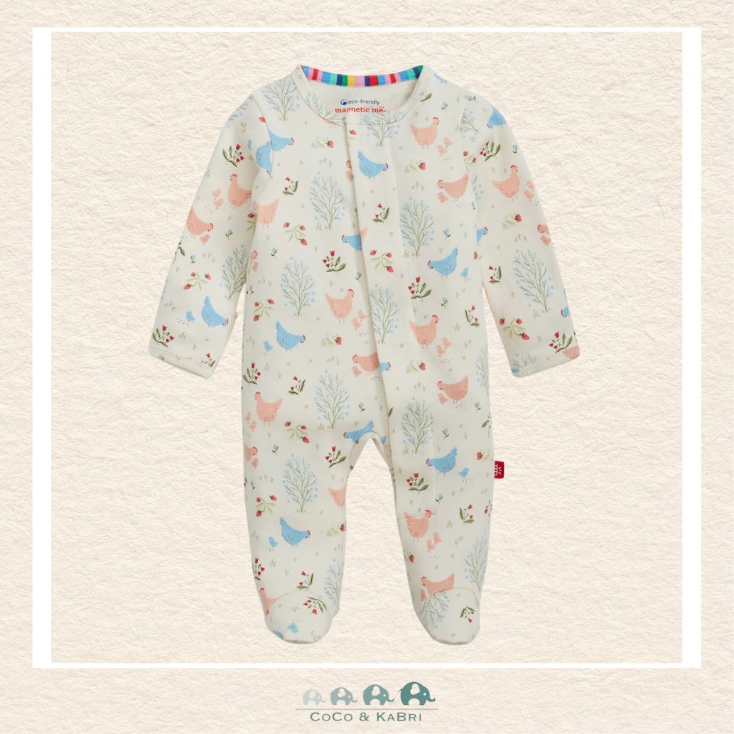 Magnetic Me Chicken Tender baby footie in GOTS certified organic cotton featuring hidden magnetic closures for easy changes and a playful chicken farm boutique print | Canada