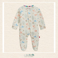 Magnetic Me Chicken Tender baby footie in GOTS certified organic cotton featuring hidden magnetic closures for easy changes and a playful chicken farm boutique print | Canada