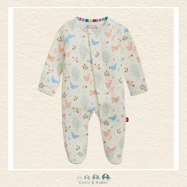 Magnetic Me Chicken Tender baby footie in GOTS certified organic cotton featuring hidden magnetic closures for easy changes and a playful chicken farm boutique print | Canada