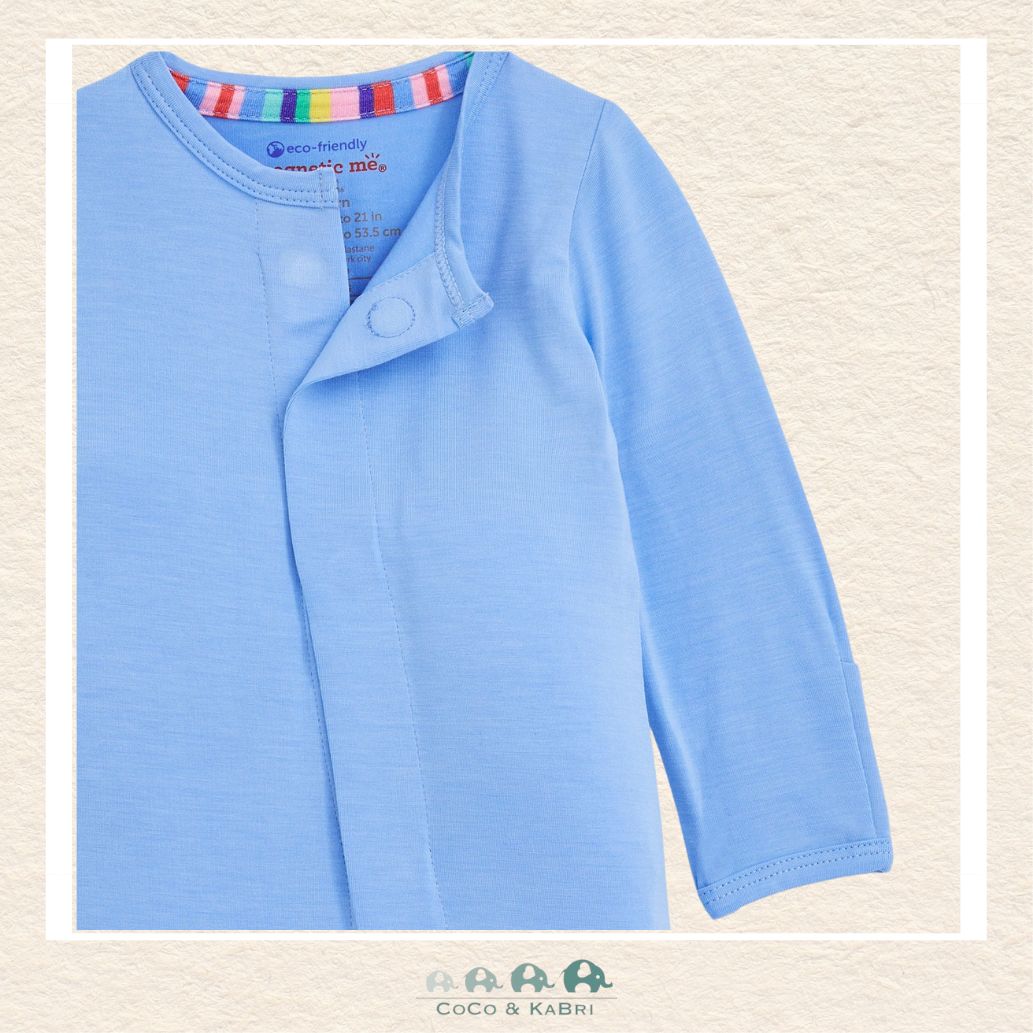 Close-up of Magnetic Me Cloud Blue footie highlighting the innovative hidden magnetic fasteners and the soft texture of the premium boutique fabric | Canada
