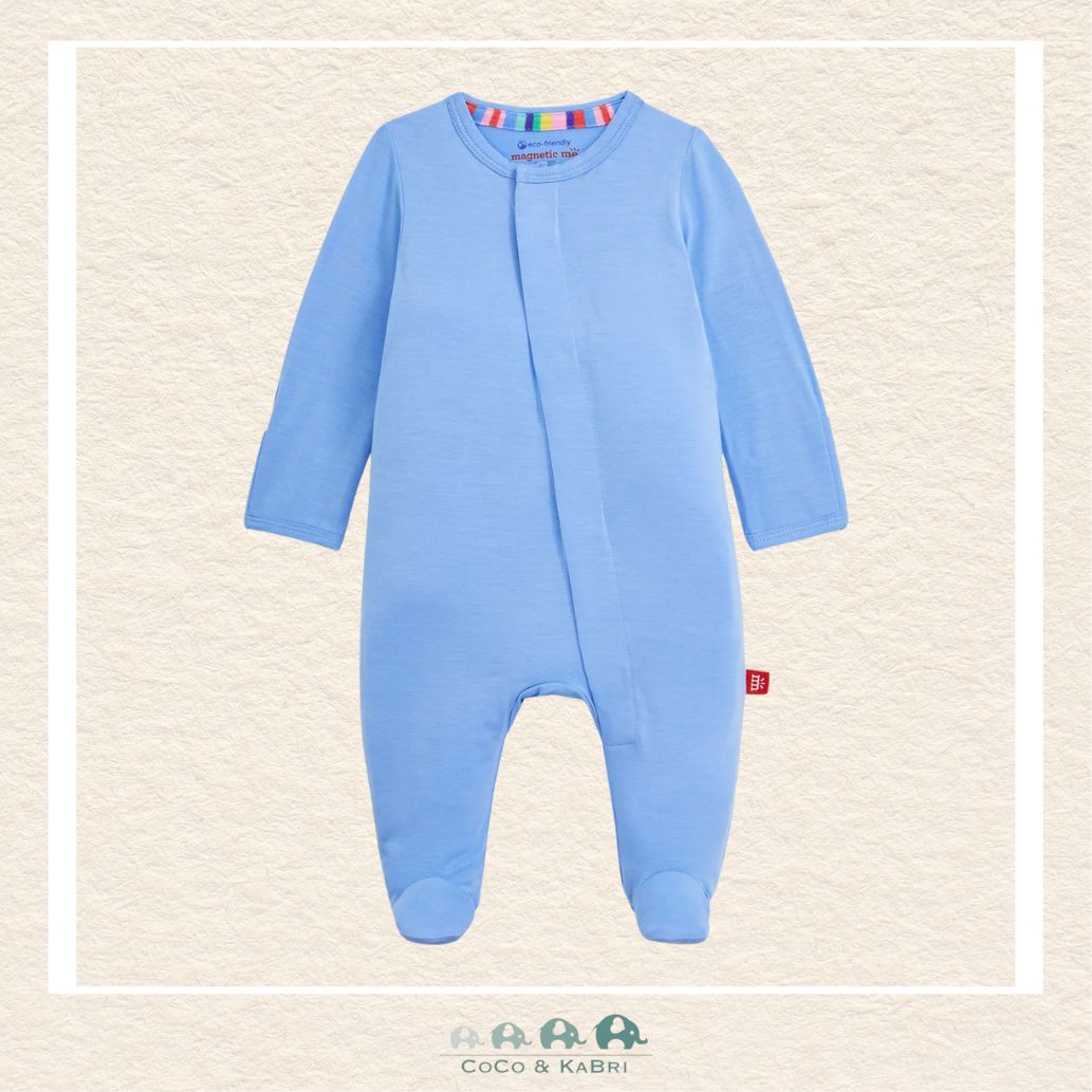 Magnetic Me Cloud Blue baby footie in ultra-soft boutique fabric featuring hidden magnetic closures for effortless changes and a classic light blue nursery color | Canada