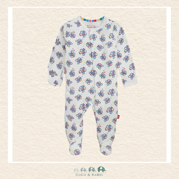 Magnetic Me Butterfly baby coverall in ultra-soft CloudStretch fabric featuring hidden magnetic closures for easy changes and a delicate whimsical butterfly print | Canada
