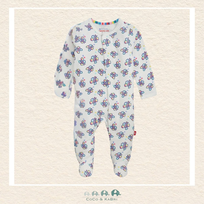 Magnetic Me Butterfly baby coverall in ultra-soft CloudStretch fabric featuring hidden magnetic closures for easy changes and a delicate whimsical butterfly print | Canada