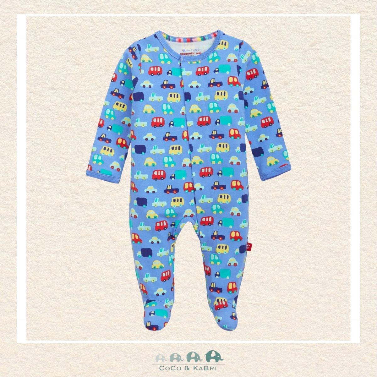 Magnetic Me Cars baby coverall in ultra-soft CloudStretch fabric featuring hidden magnetic closures for easy changes and a playful vintage car boutique print | Canada