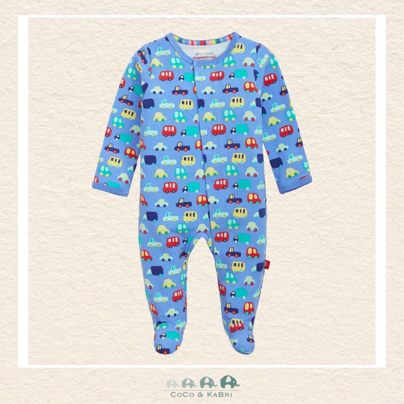 Magnetic Me Cars baby coverall in ultra-soft CloudStretch fabric featuring hidden magnetic closures for easy changes and a playful vintage car boutique print | Canada