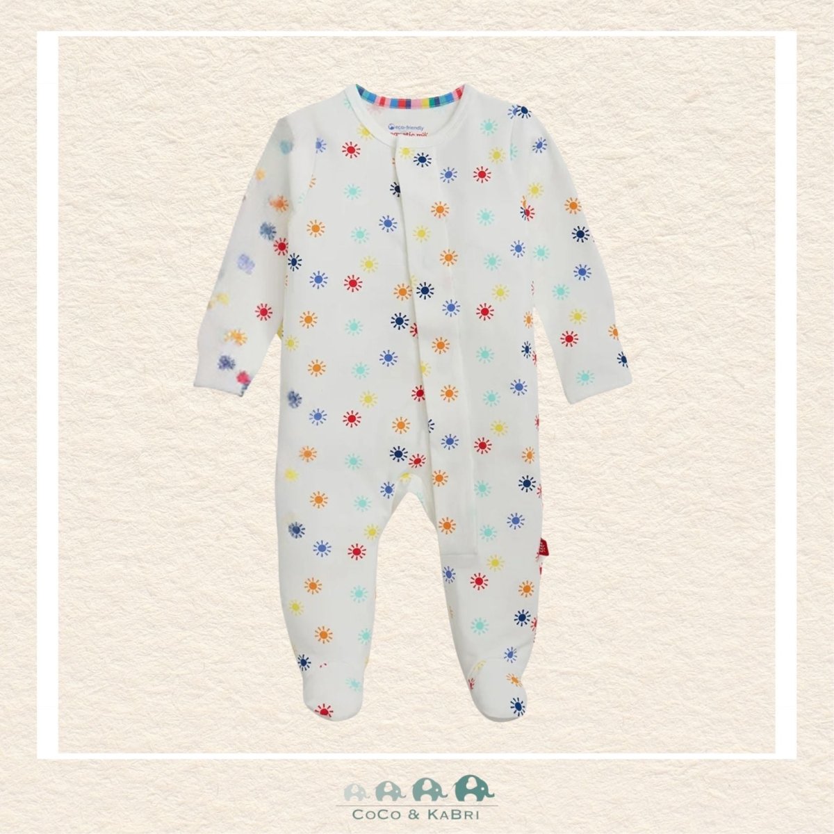 Magnetic Me Color Starburst baby coverall in ultra-soft CloudStretch fabric featuring hidden magnetic closures for easy changes and a vibrant multi-color starburst print | Canada