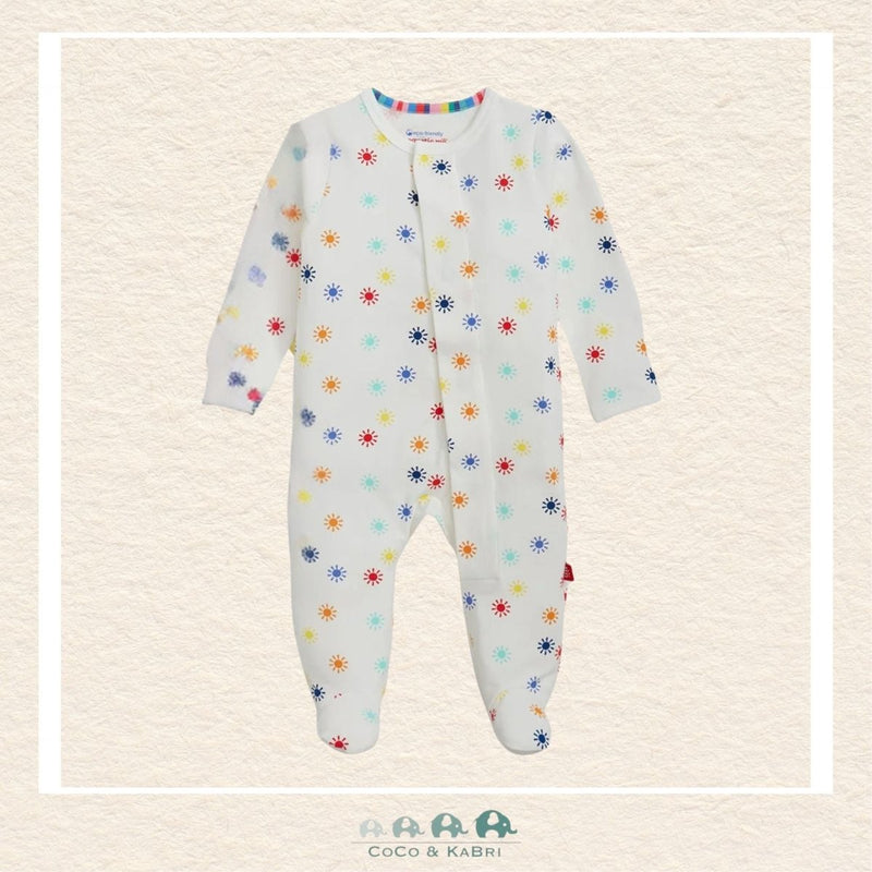 Magnetic Me Color Starburst baby coverall in ultra-soft CloudStretch fabric featuring hidden magnetic closures for easy changes and a vibrant multi-color starburst print | Canada