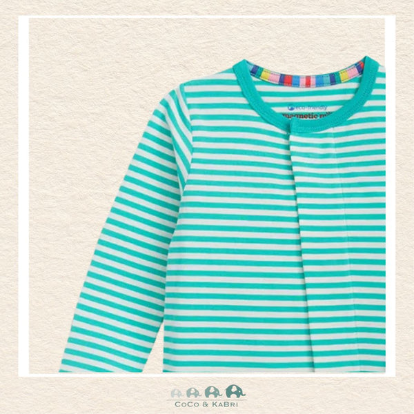 Close-up of Magnetic Me Green Stripe coverall highlighting the hidden magnetic fastener technology and the high-performance CloudStretch boutique fabric texture | Canada
