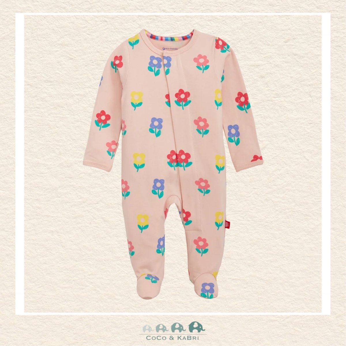 Magnetic Me Pink Flower baby coverall in ultra-soft CloudStretch fabric featuring hidden magnetic closures for easy changes and a delicate botanical floral print | Canada
