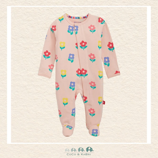 Magnetic Me Pink Flower baby coverall in ultra-soft CloudStretch fabric featuring hidden magnetic closures for easy changes and a delicate botanical floral print | Canada