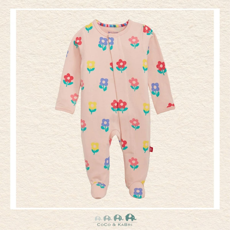 Magnetic Me Pink Flower baby coverall in ultra-soft CloudStretch fabric featuring hidden magnetic closures for easy changes and a delicate botanical floral print | Canada