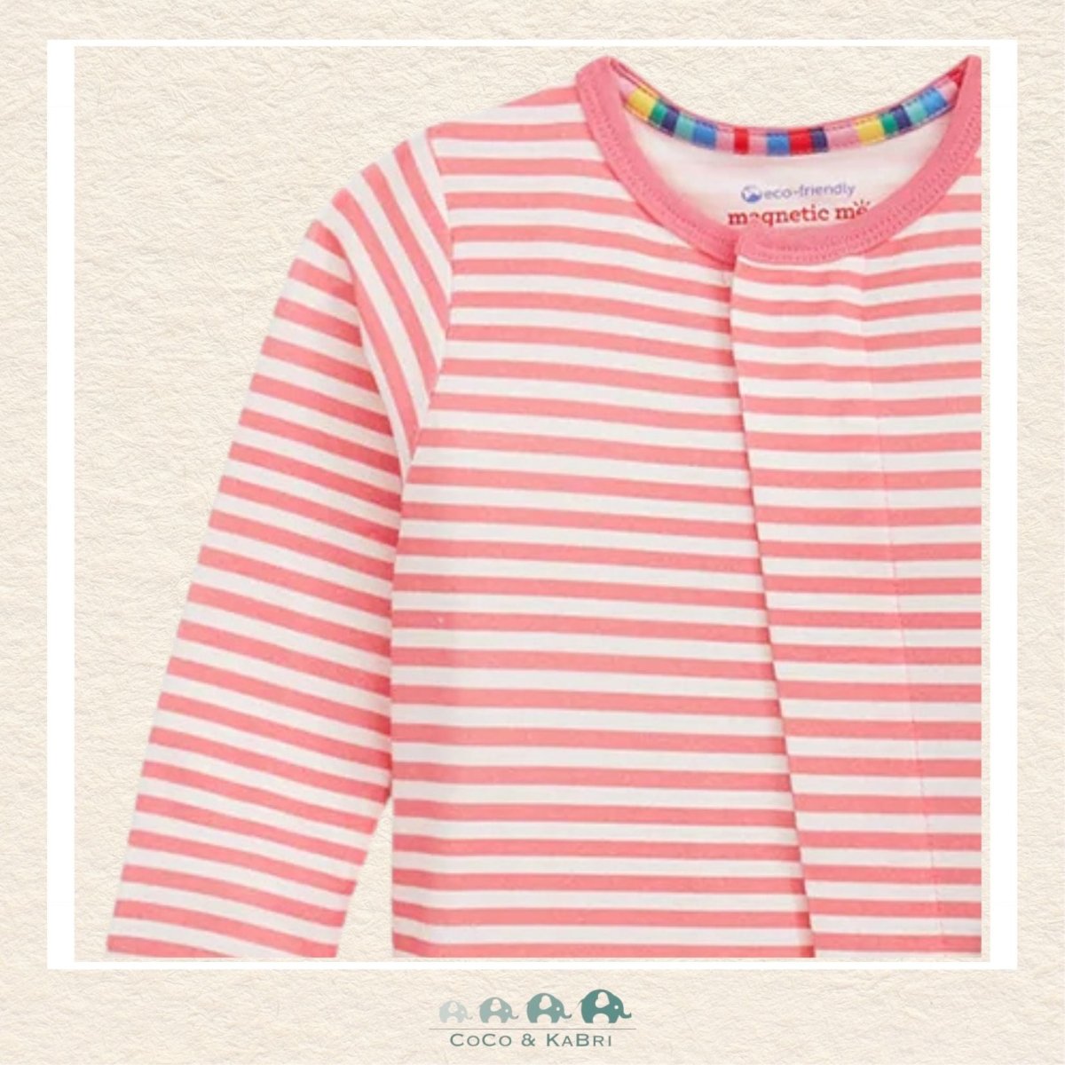 Close-up of Magnetic Me Pink Stripes coverall highlighting the hidden magnetic fastener technology and the textured, high-performance CloudStretch boutique fabric | Canada