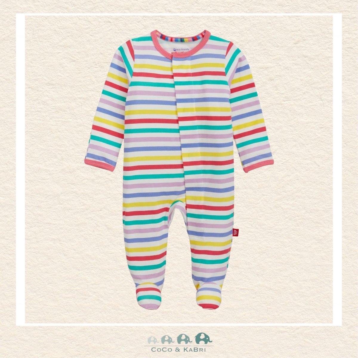 Magnetic Me Rainbow Stripes baby coverall in ultra-soft CloudStretch fabric featuring hidden magnetic closures for effortless changes and a vibrant multi-color striped pattern | Canada