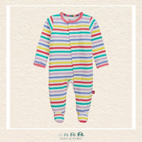 Magnetic Me Rainbow Stripes baby coverall in ultra-soft CloudStretch fabric featuring hidden magnetic closures for effortless changes and a vibrant multi-color striped pattern | Canada