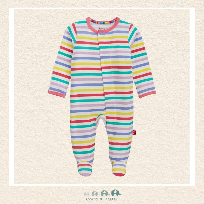 Magnetic Me Rainbow Stripes baby coverall in ultra-soft CloudStretch fabric featuring hidden magnetic closures for effortless changes and a vibrant multi-color striped pattern | Canada