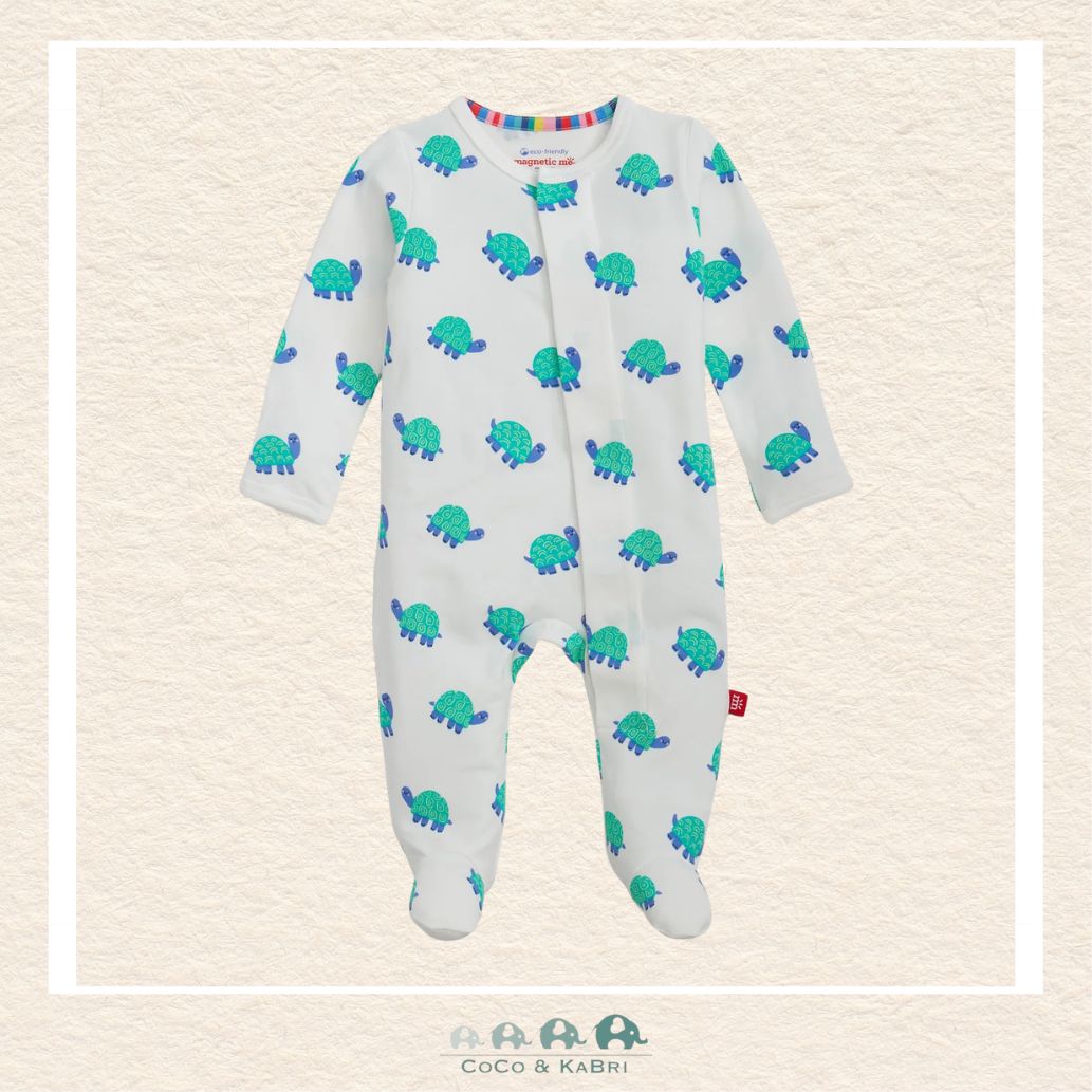 Magnetic Me Turtle baby coverall in ultra-soft CloudStretch fabric featuring hidden magnetic closures for easy changes and a playful sea turtle boutique print | Canada