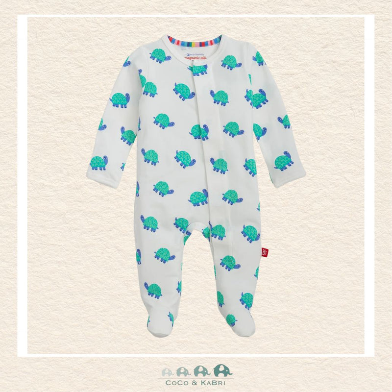 Magnetic Me Turtle baby coverall in ultra-soft CloudStretch fabric featuring hidden magnetic closures for easy changes and a playful sea turtle boutique print | Canada