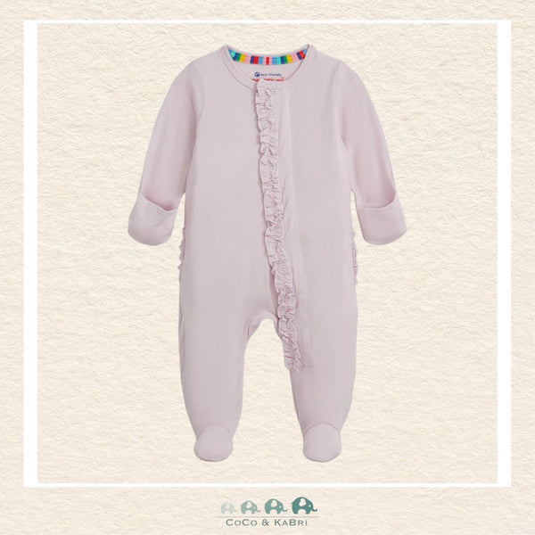 Magnetic Me Grape Ice baby girl ruffle footie in silky-soft TENCEL modal featuring hidden magnetic closures for effortless changes in a sophisticated purple boutique color | Canada