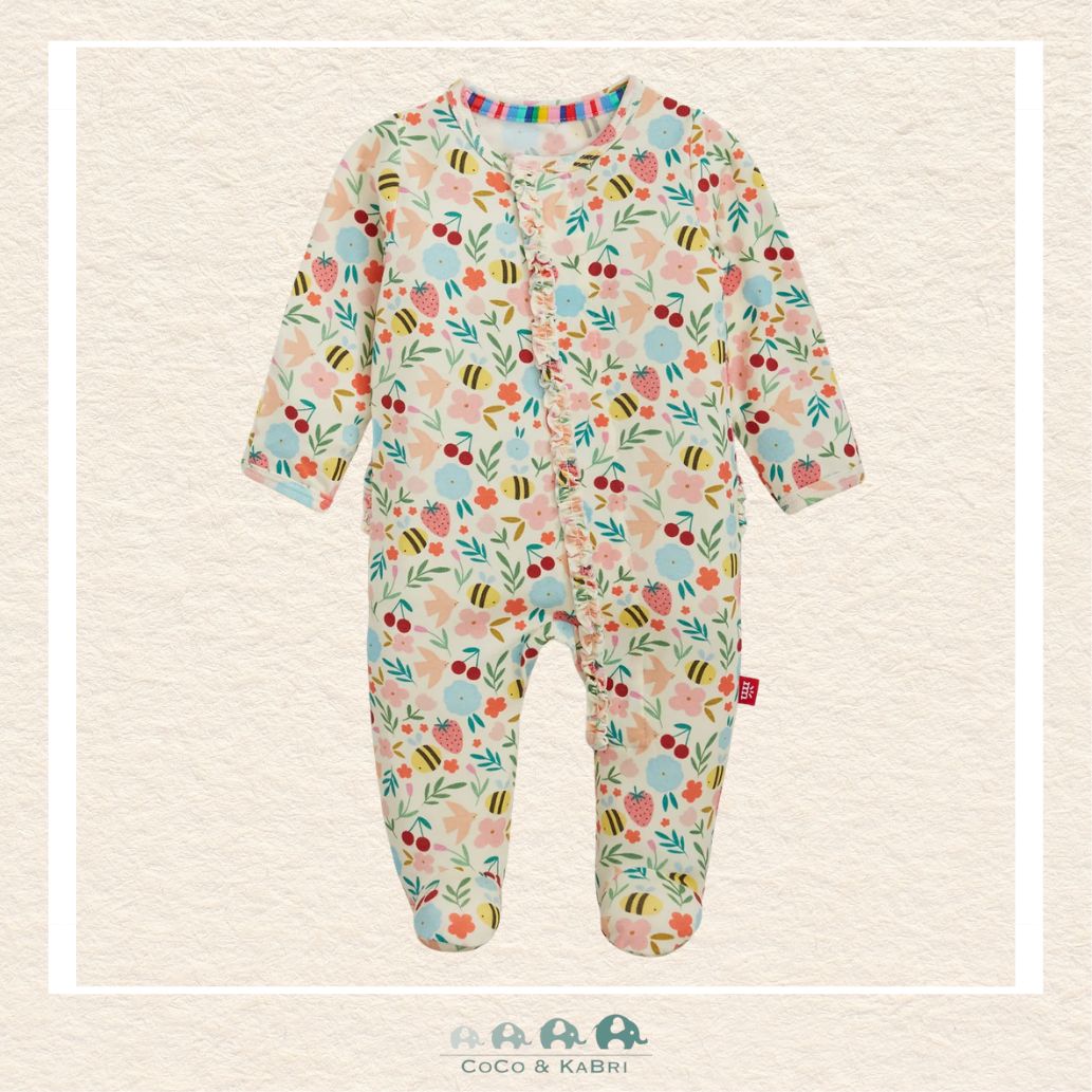 Magnetic Me Honey Blossom baby footie in silky-soft modal fabric featuring hidden magnetic closures for easy changes and a delicate floral boutique print | Canada