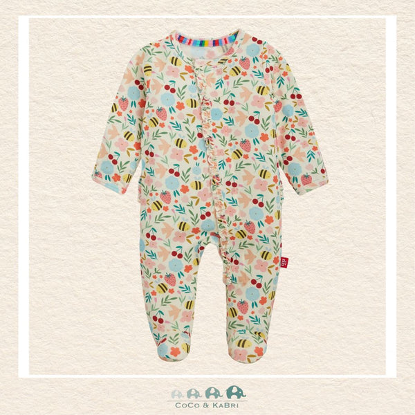 Magnetic Me Honey Blossom baby footie in silky-soft modal fabric featuring hidden magnetic closures for easy changes and a delicate floral boutique print | Canada