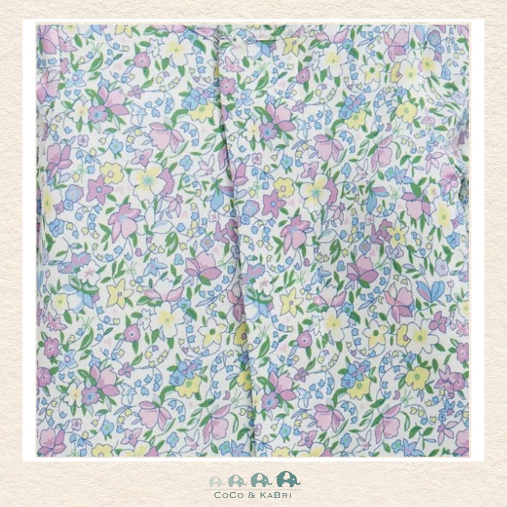 Close-up of Magnetic Me Lavina footie highlighting the hidden magnetic fastener technology and the delicate floral pattern on soft boutique modal fabric | Canada