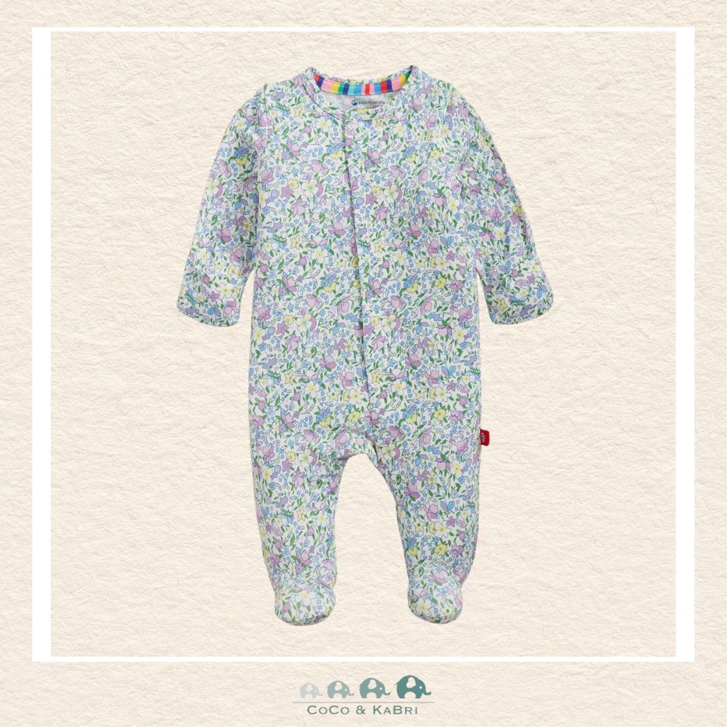 Magnetic Me Lavina baby footie in ultra-soft modal fabric featuring hidden magnetic closures for easy changes and a sophisticated purple floral boutique print | Canada