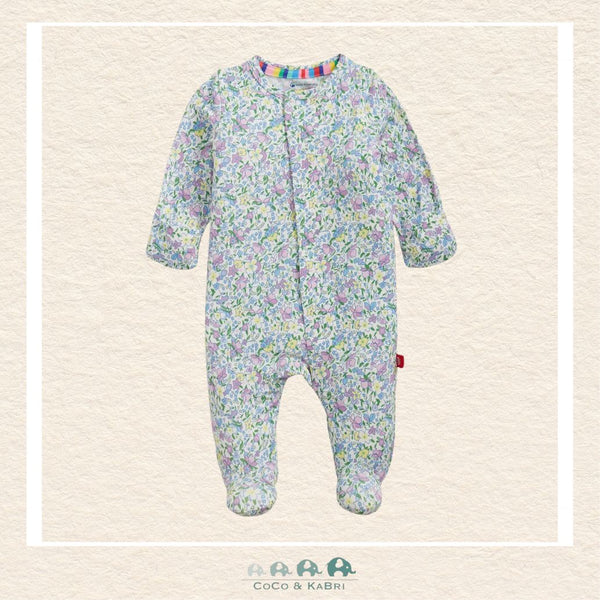 Magnetic Me Lavina baby footie in ultra-soft modal fabric featuring hidden magnetic closures for easy changes and a sophisticated purple floral boutique print | Canada