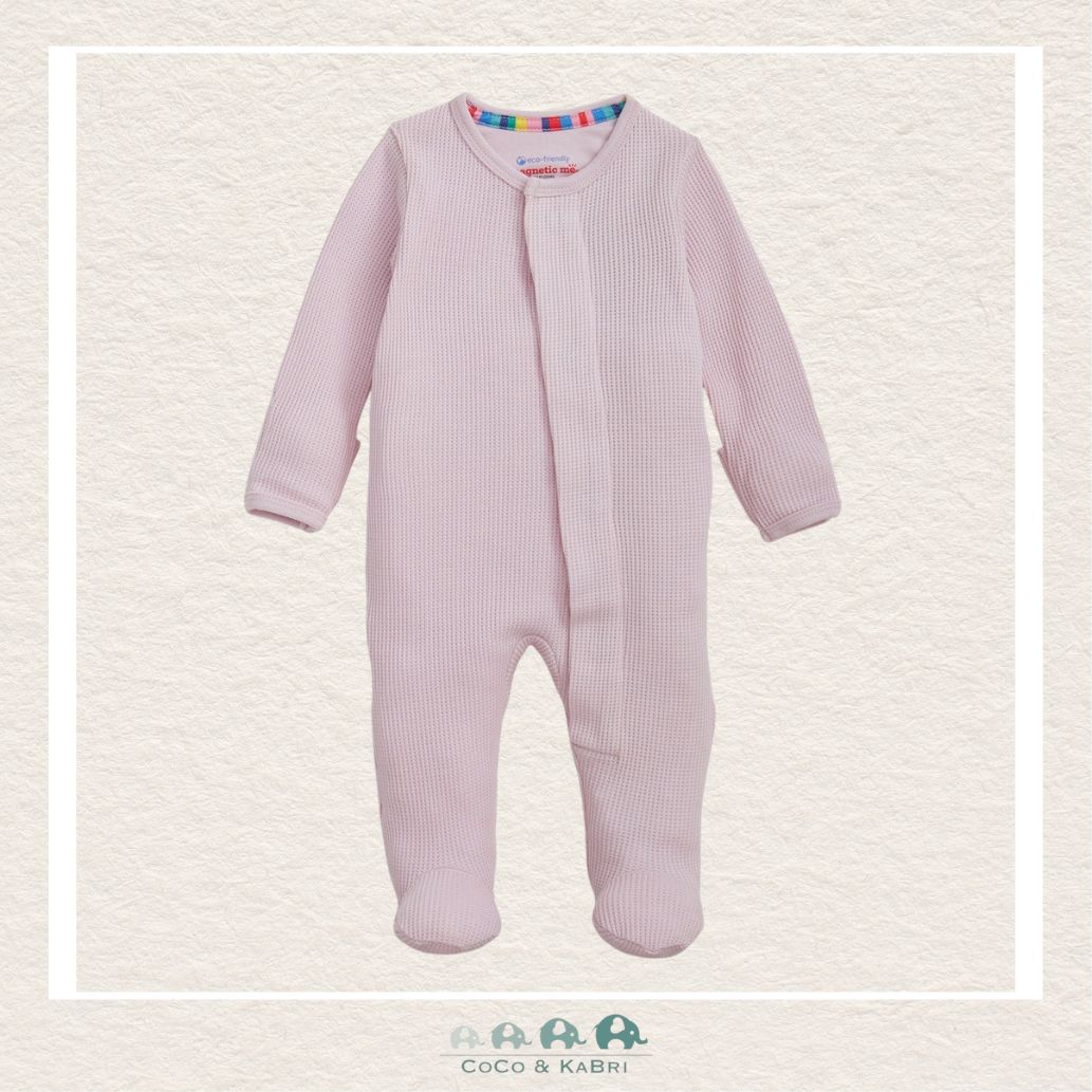 Magnetic Me Lilac Snow baby footie in cozy waffle knit modal fabric featuring hidden magnetic closures for easy changes and a sophisticated soft purple boutique color | Canada