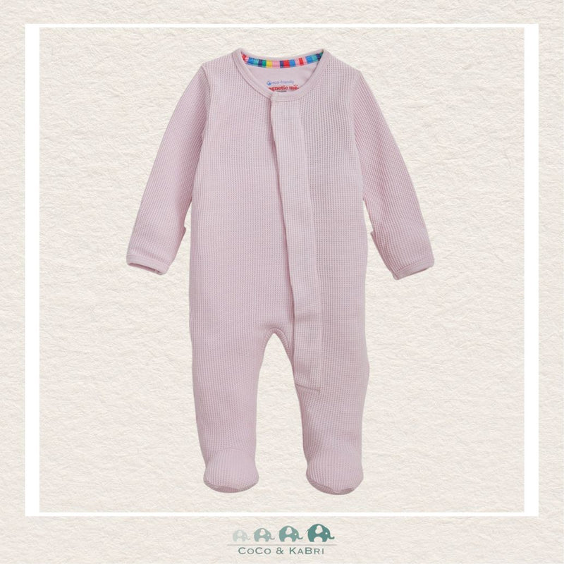 Magnetic Me Lilac Snow baby footie in cozy waffle knit modal fabric featuring hidden magnetic closures for easy changes and a sophisticated soft purple boutique color | Canada