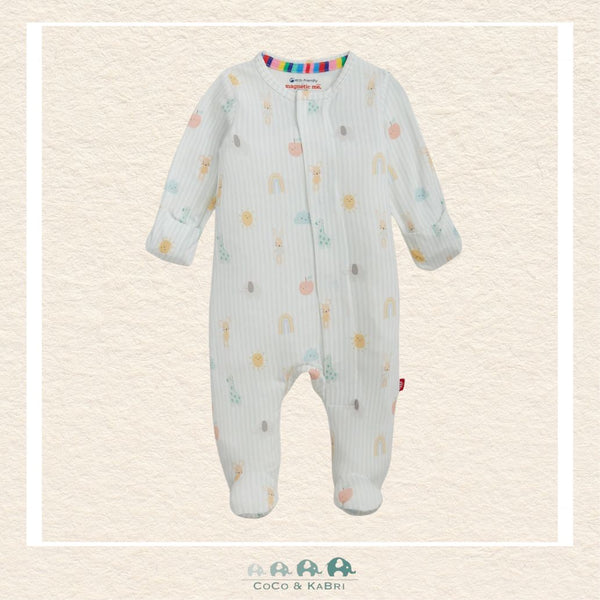 Magnetic Me Lullaby Sky baby footie in ultra-soft modal fabric featuring hidden magnetic closures for easy changes and a serene blue celestial boutique print | Canada