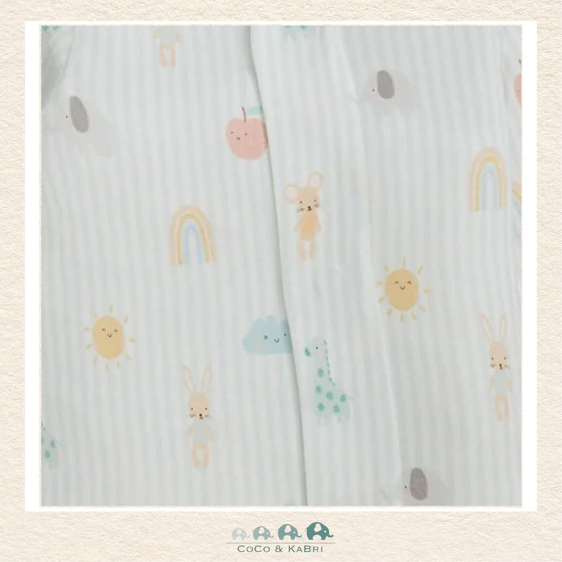 Close-up of Magnetic Me Lullaby Sky footie highlighting the hidden magnetic fastener technology and the delicate print on exceptionally soft boutique modal fabric | Canada