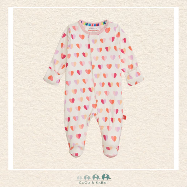 Magnetic Me Pink XOXO baby footie featuring hidden magnetic closures for easy changes and a modern pink and white boutique heart print | Canada