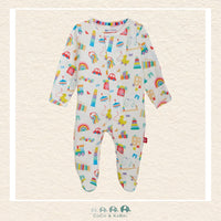 Magnetic Me Play All Day baby footie in silky-soft modal fabric featuring hidden magnetic closures for effortless changes and a modern gender-neutral boutique print | Canada