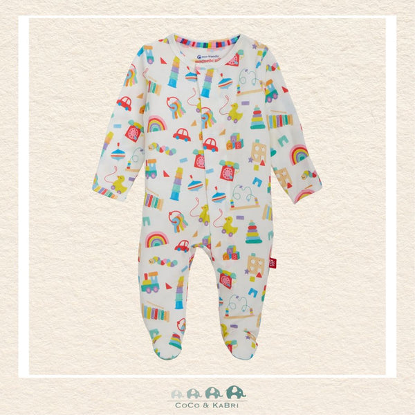 Magnetic Me Play All Day baby footie in silky-soft modal fabric featuring hidden magnetic closures for effortless changes and a modern gender-neutral boutique print | Canada