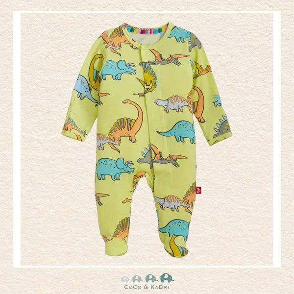 Magnetic Me Roar & Explore baby footie in silky-soft modal fabric featuring hidden magnetic closures for easy changes and a playful dinosaur adventure print | Canada
