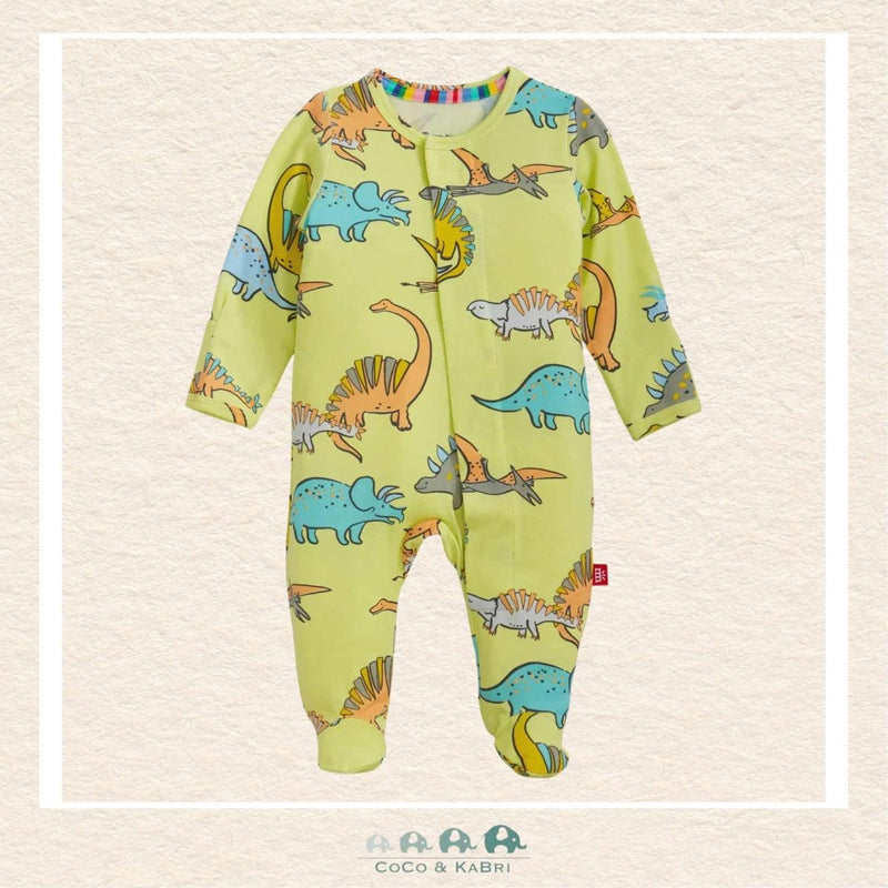 Magnetic Me Roar & Explore baby footie in silky-soft modal fabric featuring hidden magnetic closures for easy changes and a playful dinosaur adventure print | Canada