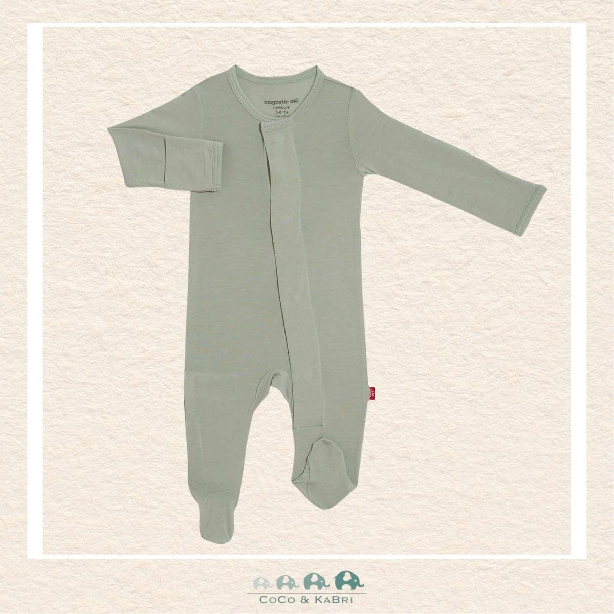 Front view of Magnetic Me seafoam baby footie featuring hidden SewSafe™ magnetic closures for effortless diaper changes | Canada